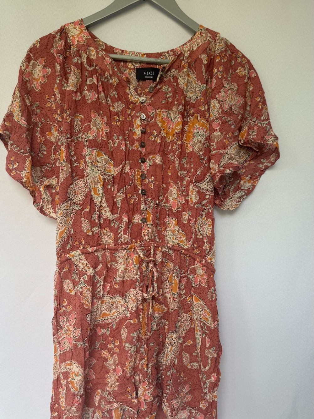 Vici Rust Floral Button-Front Midi romper